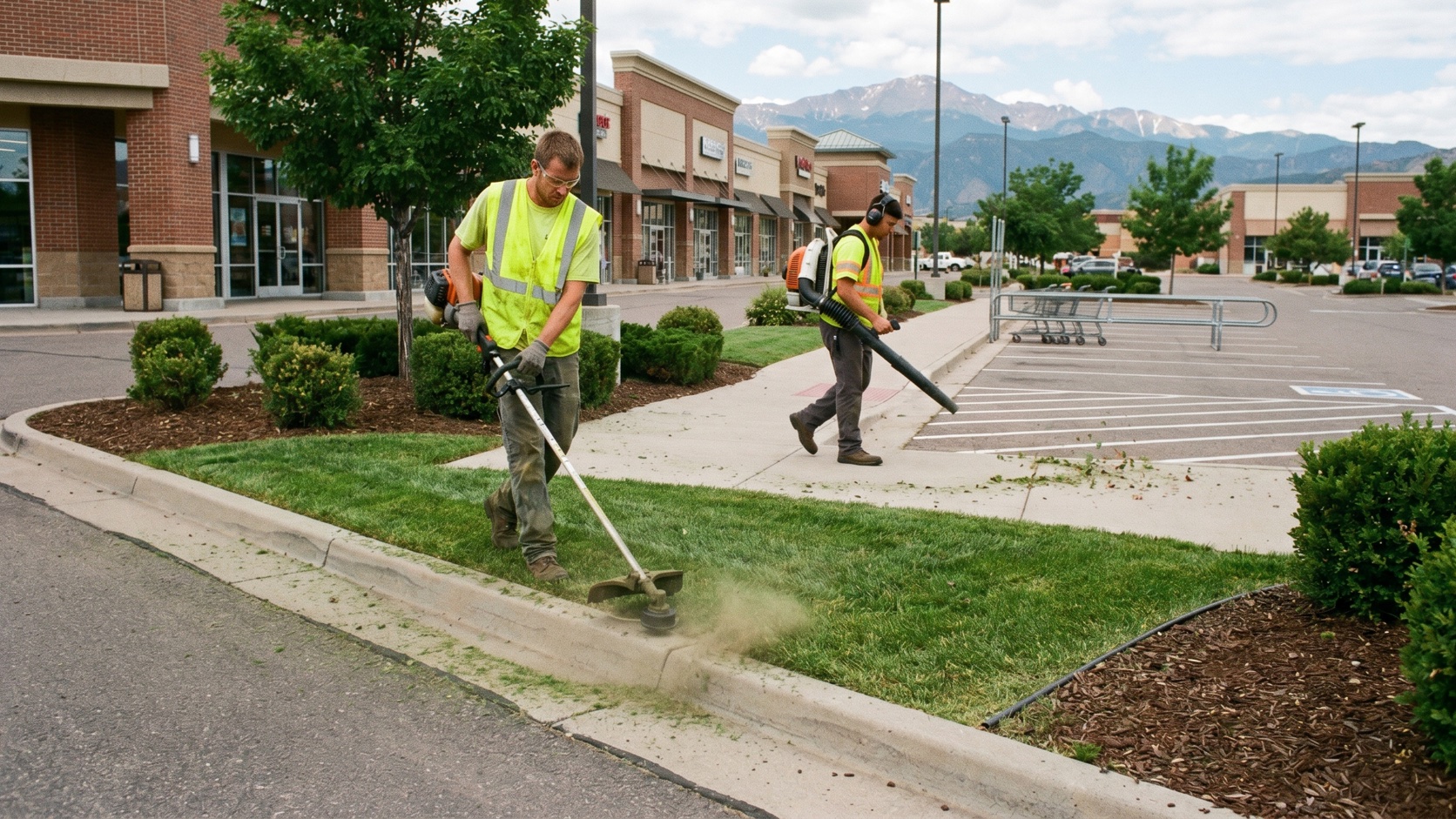 ManageMowed crew servicing a Colorado Springs commercial retail property with the Front Range in the background