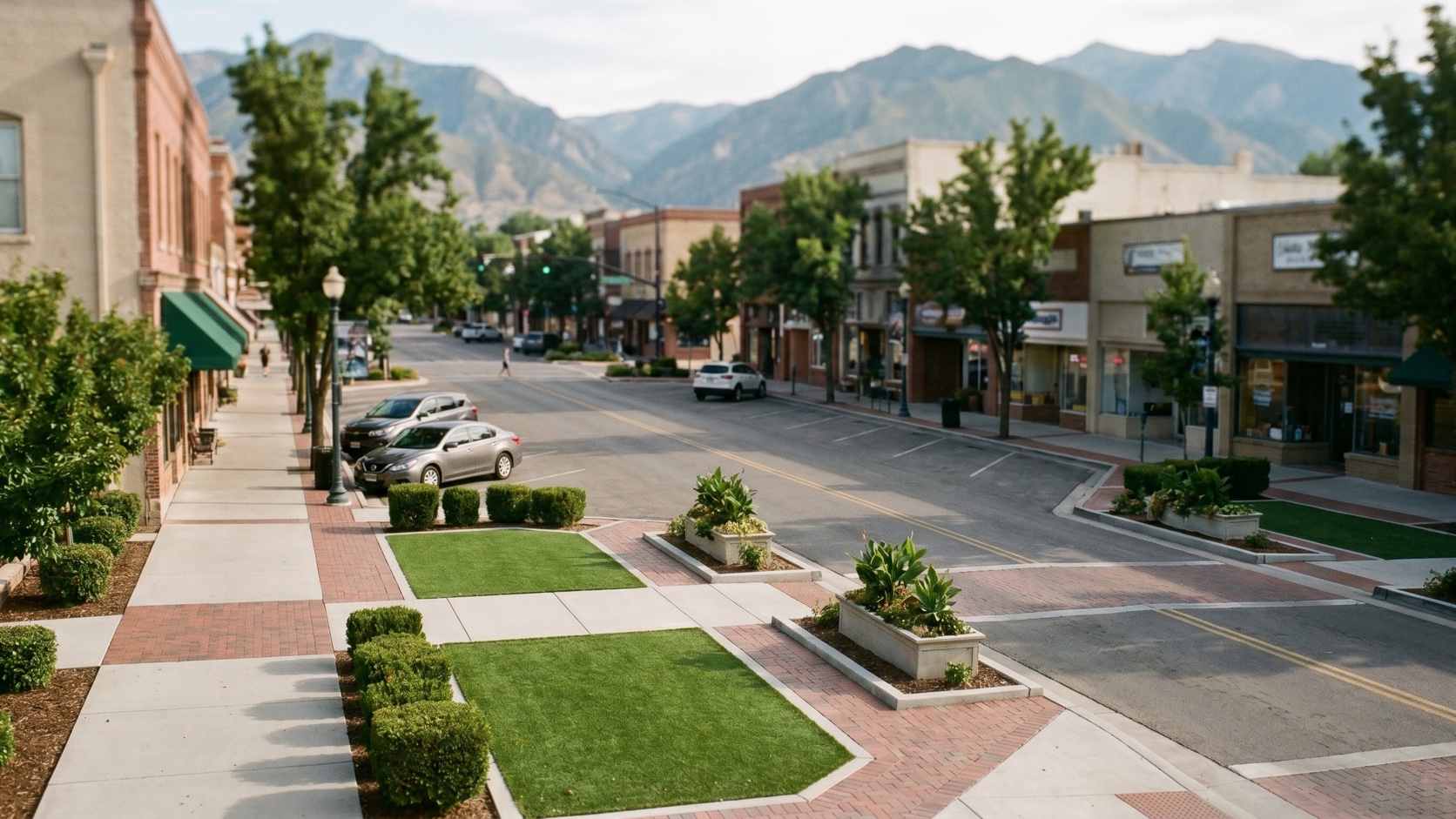 Elevated view of downtown Colorado Springs and Tejon Street with the Rocky Mountain Front Range beyond